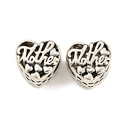 Mother's Day Rack Plating Alloy European Beads, Large Hole Beads, Cadmium Free & Nickel Free & Lead Free, Heart with Word Mother, Antique Silver, 11.5x12x7.5mm, Hole: 5.5x4.6mm(FIND-B034-31AS)