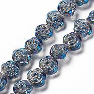 Electroplate Glass Beads Strands, Full Rainbow Plated, Rose, Steel Blue, 12.5x14x9mm, Hole: 1mm, about 55pcs/strand, 25.98''(66cm)(EGLA-L040-FR03)