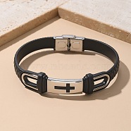 PU Leather Braided Cord Bracelets, with 304 Stainless Steel Finding, Rectangle with Cross, Black, 8-5/8 inch(220mm), 10~16x2.5~8.5mm(BJEW-E324-C19)