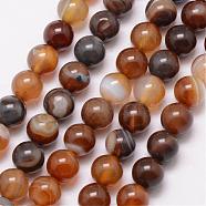 Natural Striped Agate/Banded Agate Bead Strands, Round, Grade A, Dyed & Heated, Saddle Brown, 10mm, Hole: 1mm, about 37pcs/strand, 15 inch(G-K166-13-10mm-02)