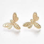 Brass Stud Earring Findings, with Loop, Bee, Nickel Free, Real 18K Gold Plated, 13x17mm, Hole: 1mm, Pin: 0.7mm(X-KK-S350-024G)