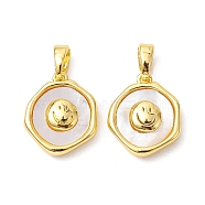Rack Plating Brass Pave Shell Flat Round Charms with Smiling Face, Seashell Color, Real 18K Gold Plated, 14.5x12x4mm, Hole: 5x2.8mm(KK-K360-05G)