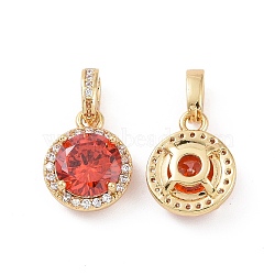 Real 18K Gold Plated Brass Micro Pave Clear Cubic Zirconia Pendants, Flat Round Charms, Red, 13x11x5mm, Hole: 3x2.5mm(KK-E068-VC437)