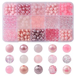 375Pcs 15 Styles Acrylic Beads, Round, Pink, 7.5~8mm, Hole: 1.5~2mm, 25pcs/style(MACR-YW0002-59D)
