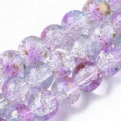 Transparent Spray Painted Crackle Glass Bead Strands, with Golden Foil, Round, Plum, 8~9mm, Hole: 1.2~1.5mm, about 46~56pcs/Strand, 14.37 inch~16.3 inch(36.5~41.4cm)(GLAA-N035-03C-A05)