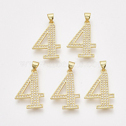 Brass Cubic Zirconia Pendants, Real 14K Gold Plated, Clear, Number, Num.4, 24x16x1.5mm, Hole: 4x3mm(ZIRC-S062-01A-4)