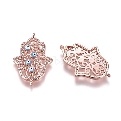 Brass Micro Pave Cubic Zirconia Links connectors, with Enamel, Hamsa Hand/Hand of Fatima/Hand of Miriam with Evil Eye, Colorful, Rose Gold, 25x17x2mm, Hole: 1mm(ZIRC-K081-65RG)