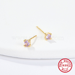 Golden Sterling Silver Micro Pave Cubic Zirconia Stud Earring, Square, Lilac, 3.2x3.2mm(XN7792-2)