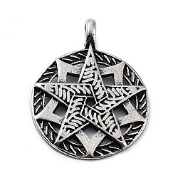 Tibetan Style Alloy Pendants, Flat Round with Star, Antique Silver, 42x32.5x3mm, Hole: 5mm(TIBE-L012-006AS)