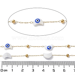 Ion Plating(IP) 304 Stainless Steel Link Chains, with Shell & Enamel & Spool, Soldered, Real 18K Gold Plated, 2x0.7x0.2mm, Moon: 8x5.5x3.5mm,, about 32.81 Feet(10m)/Roll(CHS-A009-02D-G)