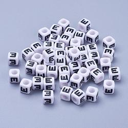 Acrylic Horizontal Hole Letter Beads, Cube, Letter E, White, Size: about 7mm wide, 7mm long, 7mm high, hole: 3.5mm, about 2000pcs/500g(PL37C9129-E)