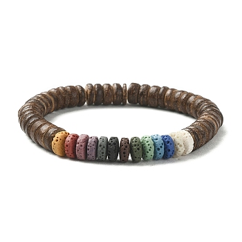 Dyed Natural Lava Rock & Coconut Rondelle Beaded Stretch Bracelet, Colorful, Inner Diameter: 2 inch(5.1cm)