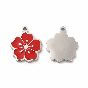 304 Stainless Steel Enamel Charms, Sakura, Red, 14x12x1mm, Hole: 1.2mm