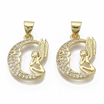 Brass Micro Pave Cubic Zirconia Pendants, Nickel Free, Moon with Fairy, Clear, Real 16K Gold Plated, 17.5x13.5x3mm, Hole: 3x4mm