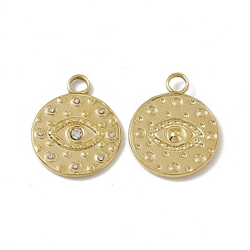 Vacuum Plating 201 Stainless Steel Pendants, with Rhinestone, Flat Round with Eye Charm, Real 18K Gold Plated, 19x15x2mm, Hole: 2.5mm