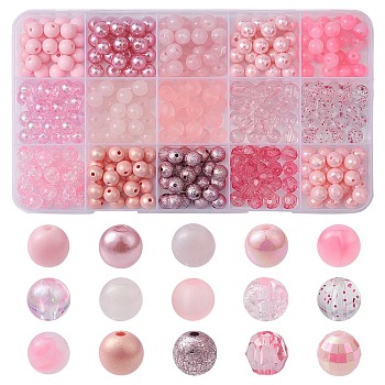 375Pcs 15 Styles Acrylic Beads, Round, Pink, 7.5~8mm, Hole: 1.5~2mm, 25pcs/style