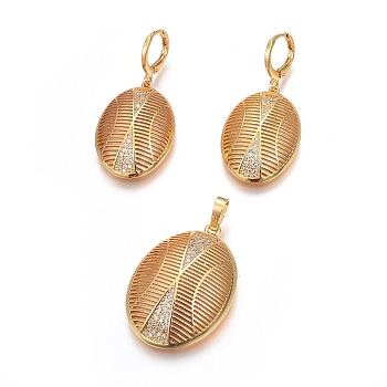 Brass Micro Pave Cubic Zirconia Jewelry Sets, Pendant and Earrings, Long-Lasting Plated, Oval, Real 24K Gold Plated, 42mm, Hole: 4x6.5mm, 41.5mm, Pin: 1mm