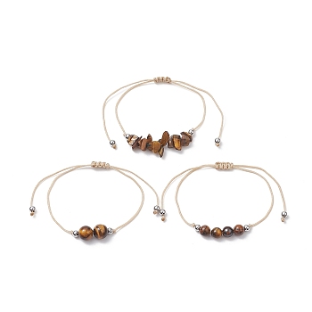 3Pcs 3 Style Natural Tiger Eye Braided Bead Bracelets Set, Nylon Thread Adjustable Bracelets for Women, Inner Diameter: 3-3/8 inch(8.5cm), 1Pc/style