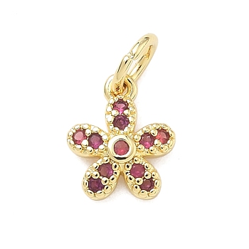 Brass Micro Pave Cubic Zirconia Charms, Flower, with Jump Ring, Cadmium Free & Lead Free, Rack Plating, Long-Lasting Plated, Real 18K Gold Plated, Medium Violet Red, 9.5x8x2mm, Hole: 3.3mm