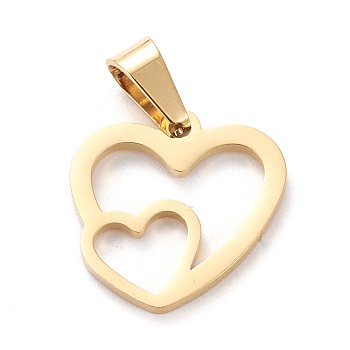 Valentine's Day 304 Stainless Steel Pendants, Laser Cut, Hollow, Heart with Heart, Golden, 17x17x1.5mm, Hole: 5x3mm
