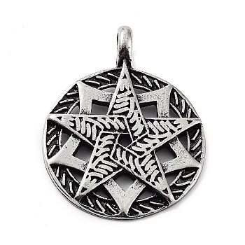 Tibetan Style Alloy Pendants, Flat Round with Star, Antique Silver, 42x32.5x3mm, Hole: 5mm