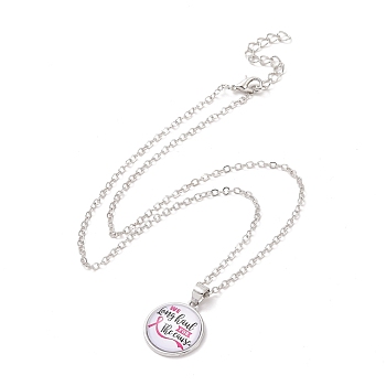 Glass Flat Round Pendant Necklace with Brass Chain, Breast Cancer Awareness Ribbon Jewelry for Women, Word, 18.70 inch(47.5cm)