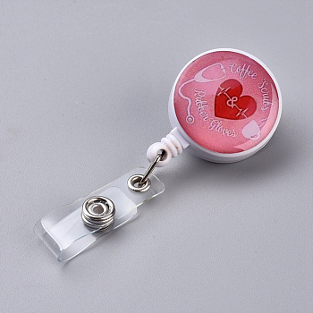 ABS Plastic Retractable Badge Reel, Card Holders, with Iron Alligator Clips, Flat Round, Pink, 85x32x25.5~32.5mm, Hole: 7mm