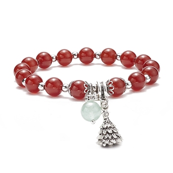 Natural Red Agate Carnelian(Dyed & Heated) & Green Aventurine Stretch Bracelet with Alloy Christmas Tree Charm, Gemstone Jewelry for Women, Red, Inner Diameter: 2-1/8 inch(5.3cm)