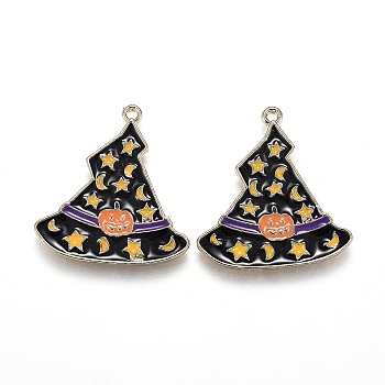 Halloween Theme Witch Hat Alloy Enamel Pendants, Magic Hat with Star and Moon & Pumpkin Pattern, Light Gold, 26.5x24.5x1.5mm, Hole: 1.6mm