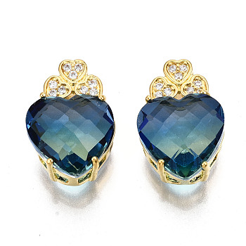 K9 Glass Pendants, with Brass Rhinestone Findings, Faceted, Heart, Matte Gold Color, Steel Blue, 18.5x12.5x6.5mm, Hole: 2x2mm