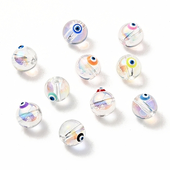 Transparent Glass Beads, with Enamel, Round with Evil Eye Pattern, Mixed Color, 10~10.5x9mm, Hole: 1.6mm