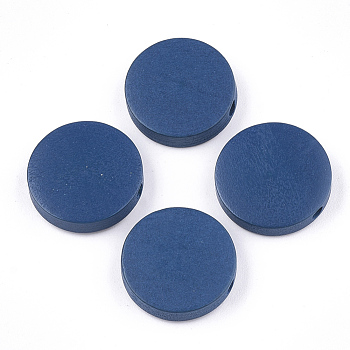 Painted Natural Wood Beads, Flat Round, Marine Blue, 15~15.5x4mm, Hole: 1.8mm