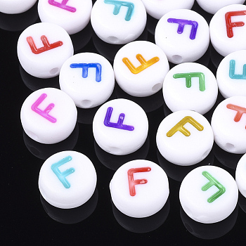 Initial Acrylic Beads, Horizontal Hole, Flat Round, Mixed Color, Letter.F, 7x3.5~4mm, Hole: 1.2mm, about 3700pcs/500g