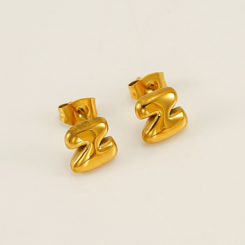 Chunk Letter 304 Stainless Steel Stud Earrings for Women, Real 18K Gold Plated, Letter Z, 7.5~8.5x5~10.5mm