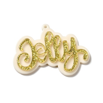 Opaque Acrylic Pendants, with Paillette, Word Jolly Charm, Gold, 36x49x4.5mm, Hole: 1.6mm