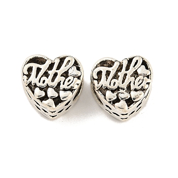 Mother's Day Rack Plating Alloy European Beads, Large Hole Beads, Cadmium Free & Nickel Free & Lead Free, Heart with Word Mother, Antique Silver, 11.5x12x7.5mm, Hole: 5.5x4.6mm