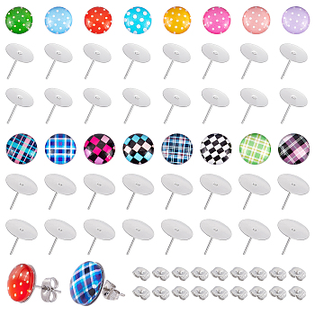 CHGCRAFT DIY Half Round with Tartan Pattern Stud Earrings Making Kit, Include Glass Cabochons, 304 Stainless Steel Stud Earring Settings, 201 Stainless Steel Ear Nuts, Mixed Color, Cabochons: 96pcs/box
