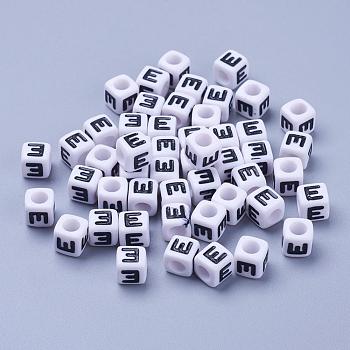 Acrylic Horizontal Hole Letter Beads, Cube, Letter E, White, Size: about 7mm wide, 7mm long, 7mm high, hole: 3.5mm, about 2000pcs/500g