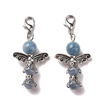 Natural Round Aquamarine Pendant Decorations, with Zinc Alloy Findings and Lobster Claw Clasps, Light Blue, 50mm