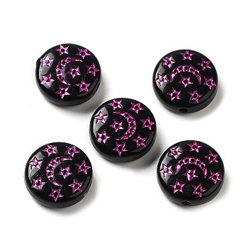 Opaque Acrylic Beads, Flat Round with Star and Moon, Black, 12.5x4mm, Hole: 1.5mm, about: 890pcs/500g
