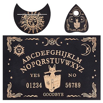 Wooden Witch Craft Sets, including Moon Shape Tarot Card Stand Holder, Rectangle Pendulum Board, Heart Shape Crystal Ball Stand, Cat Pattern, 100~200x82~300x4~4.5mm, 3pcs/set