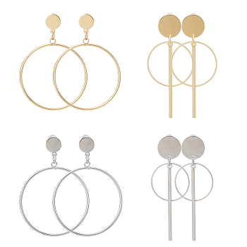 4 Pair 4 Style Round Ring Alloy Dangle Stud Earrings for Women, Platinum & Golden, 63~67x25~45mm, 1 Pair/style