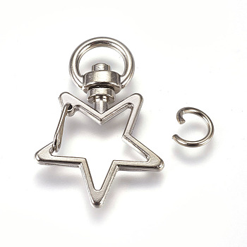 Zinc Alloy Swivel Lobster Clasps, with Open Jump Rings, Star, Platinum, 35x24mm, 8x1mm