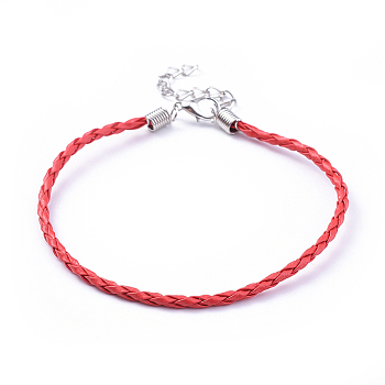 Trendy Braided Imitation Leather Bracelet Making, with Iron Lobster Claw Clasps and End Chains, FireBrick, 200x3mm
