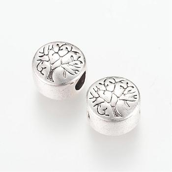 Tibetan Style Alloy European Beads, Large Hole Beads, Flat Round with Tree, Cadmium Free & Nickel Free & Lead Free, Antique Silver, 13x12x9mm, Hole: 4.5mm, about 240pcs/1000g