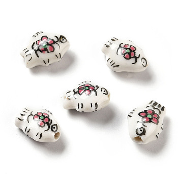 Handmade Printed Porcelain Beads, Fish, White, 14.5~15x11.5~12x7~7.5mm, Hole: 1.6mm