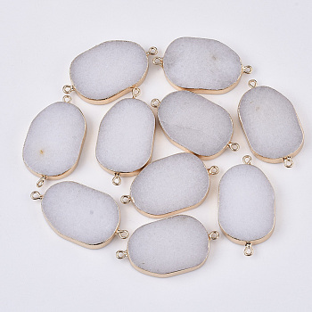 Natural White Jade Links connectors, with Edge Golden Plated Iron Loops, Oval, 43~44x24.5x6mm, Hole: 1.8mm