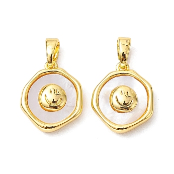 Rack Plating Brass Pave Shell Flat Round Charms with Smiling Face, Seashell Color, Real 18K Gold Plated, 14.5x12x4mm, Hole: 5x2.8mm