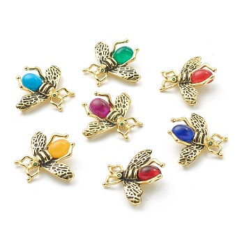 Brass Micro Pave Cubic Zirconia Links Connectors, with Mixed Color Glass, Bees, Golden, Green, 26x32x6mm, Hole: 3x2mm