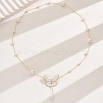 Elegant Brass Enamel Butterfly Imitation Pearl Y Necklaces for Women, Golden, 19.69 inch(50cm)(AF5436-3)